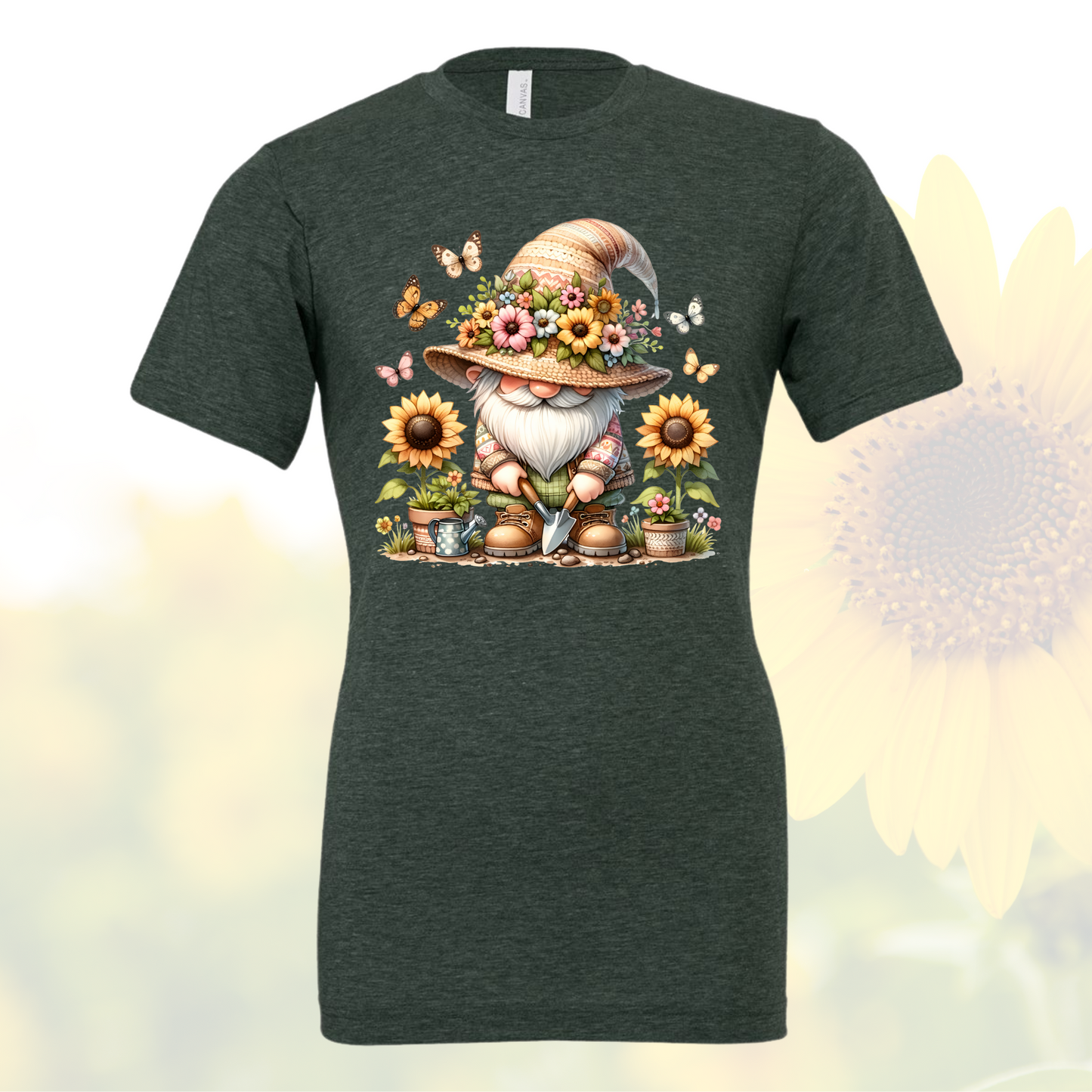 Gnome with Butterflies shirt featuring a cute gnome and butterflies on cream unisex crew neck.