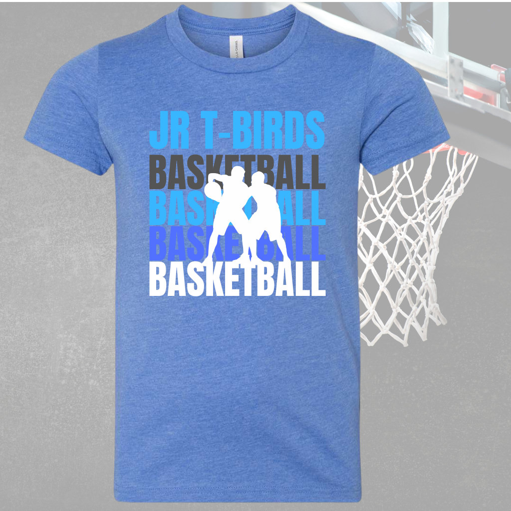Jr T-Birds Adult T-Shirt, blue, basketball design, premium cotton, comfortable fit.