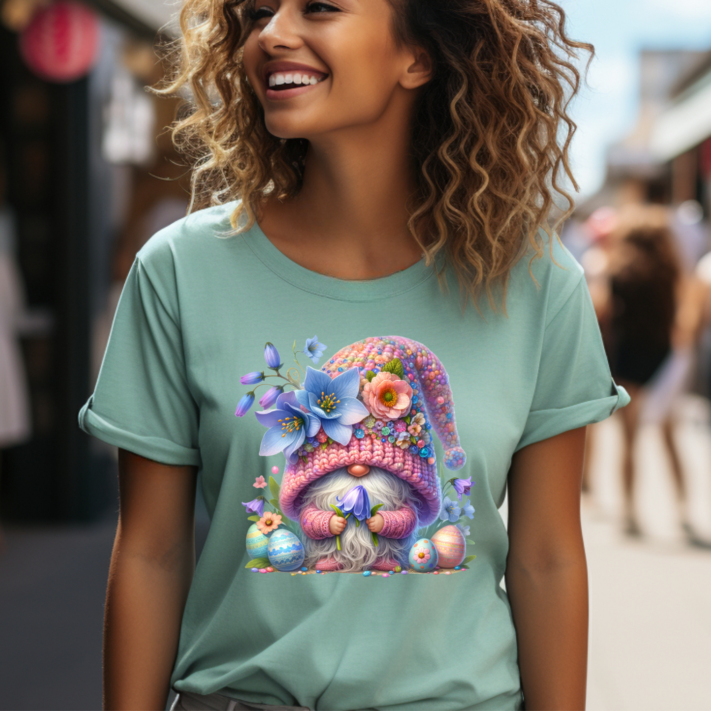 Easter Gnome Shirt with festive gnome and eggs design.