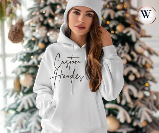 Custom soft hoodie with personalized design options for front, back, and arms, featuring ultimate comfort.