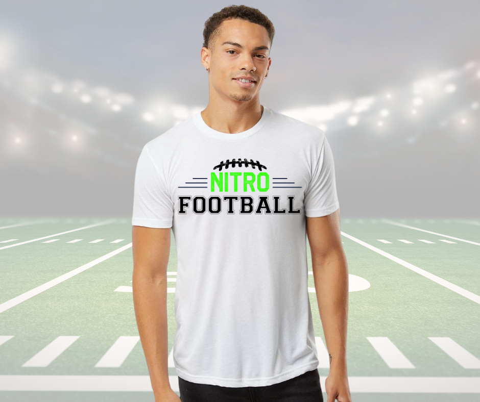 Man wearing white Nitro Shirt with football design on stadium field background