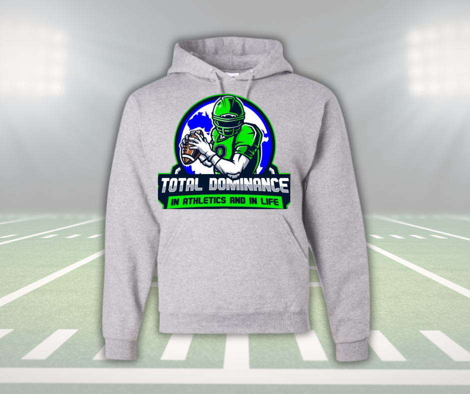 Youth gray Nitro Hoodie with a football player graphic and "Total Dominance" text on front