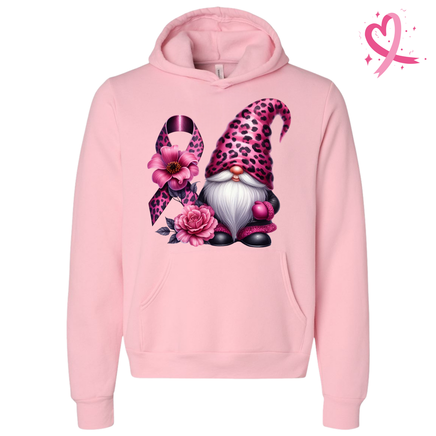 Gnome Breast Cancer Hoodie with pink gnome design for awareness.