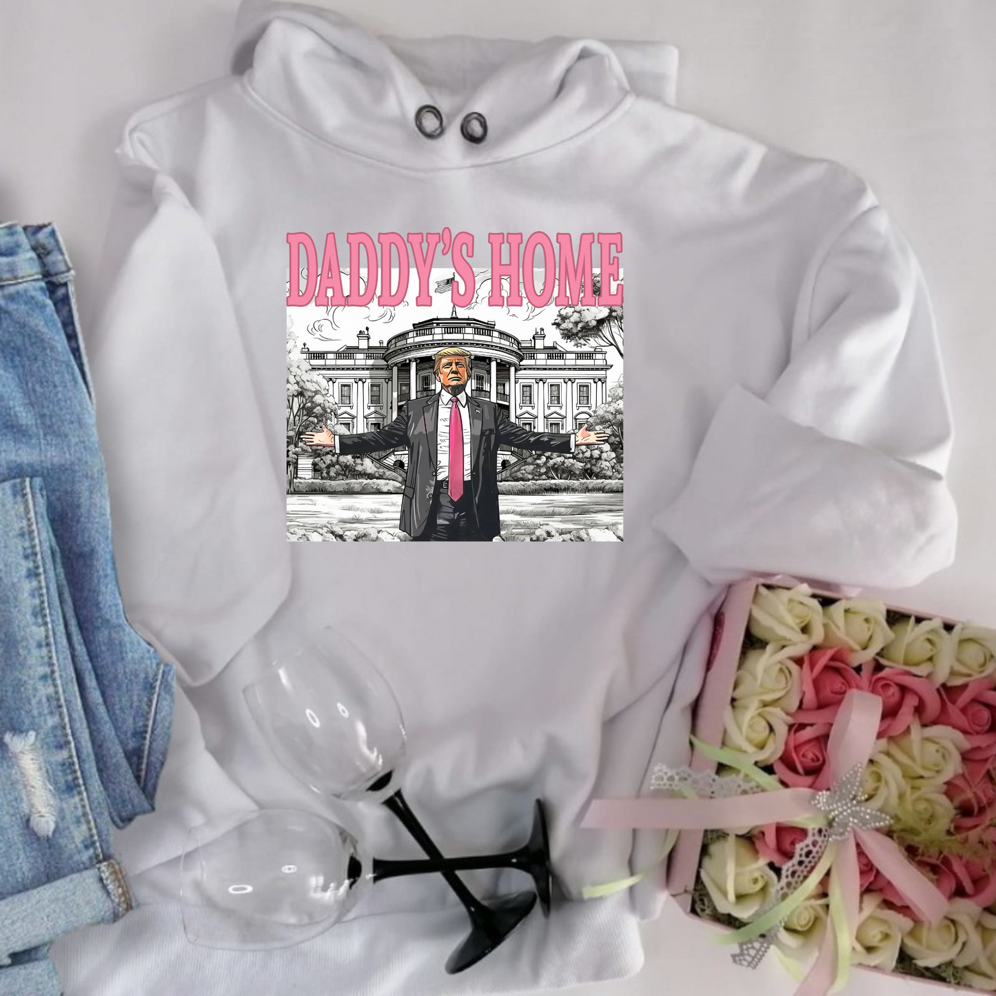 trump Apparel Home - Trump Whitehouse Hoodie with "Daddy's Home" text and White House image, showcasing political support.