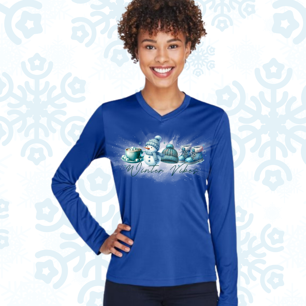 Winter Vibes V-neck shirt in blue with snowman design, perfect for stylish comfort in winter.