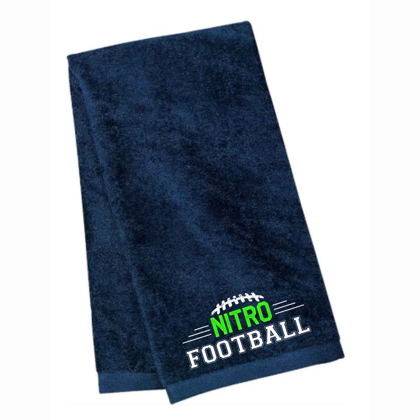 Navy Nitro Sweat Towel made of 100% cotton with full hem and personalized football logo.
