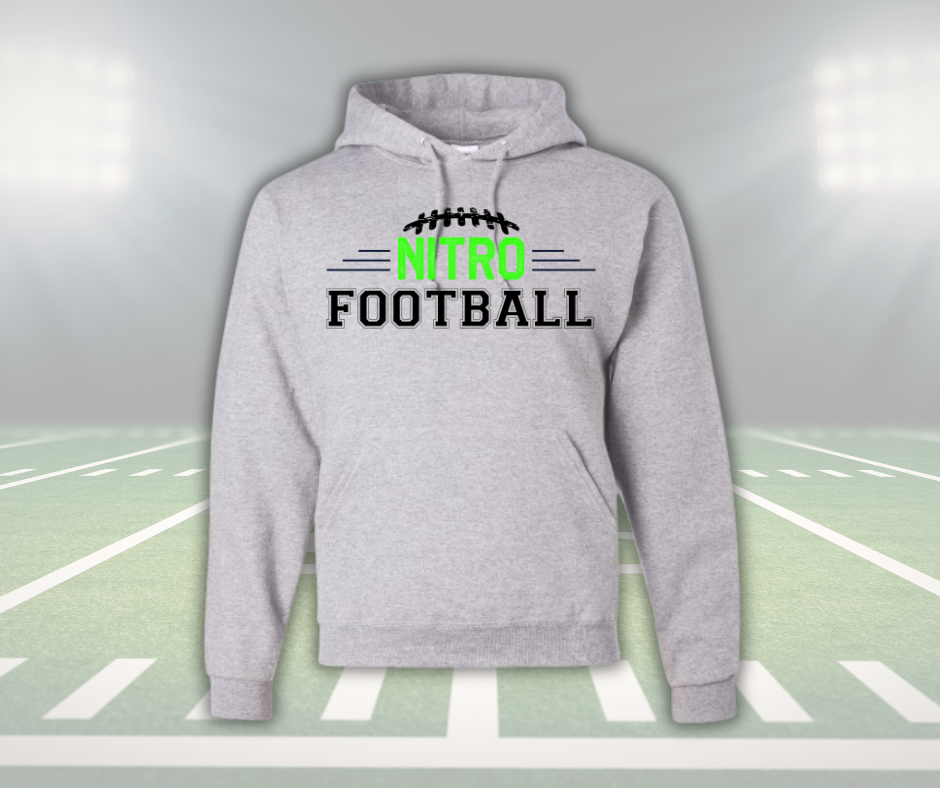 Youth unisex gray Nitro Hoodie with football design and customizable back on a football field background