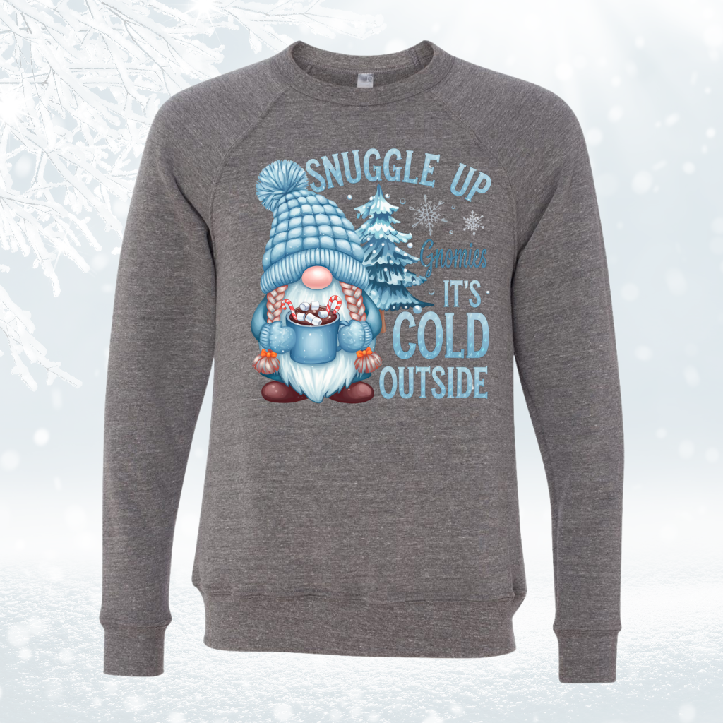 Gnome It's Cold Outside sweatshirt with winter-themed design and text.