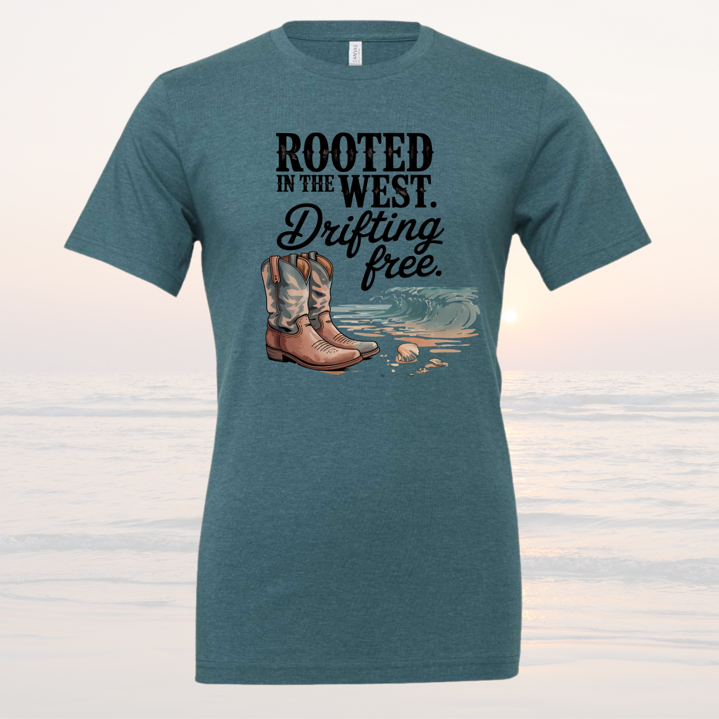 Rooted in the West Tee in deep teal