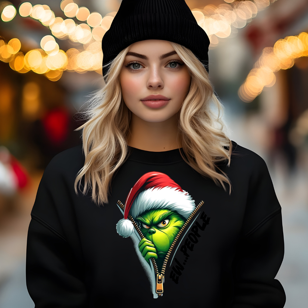 Grinch Ew People sweatshirt with a festive design worn by a model in a holiday setting.