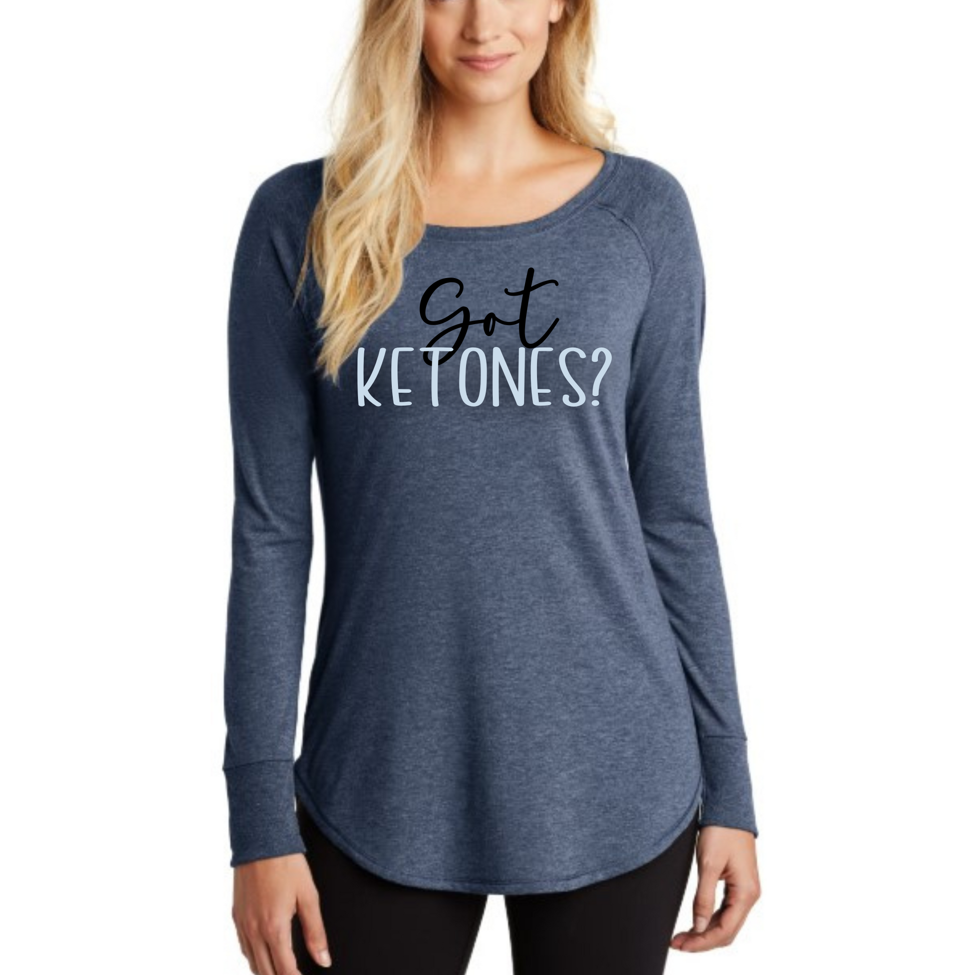 keto t shirt Women's tri-blend Got Ketones shirt in navy, long tunic style with text design.