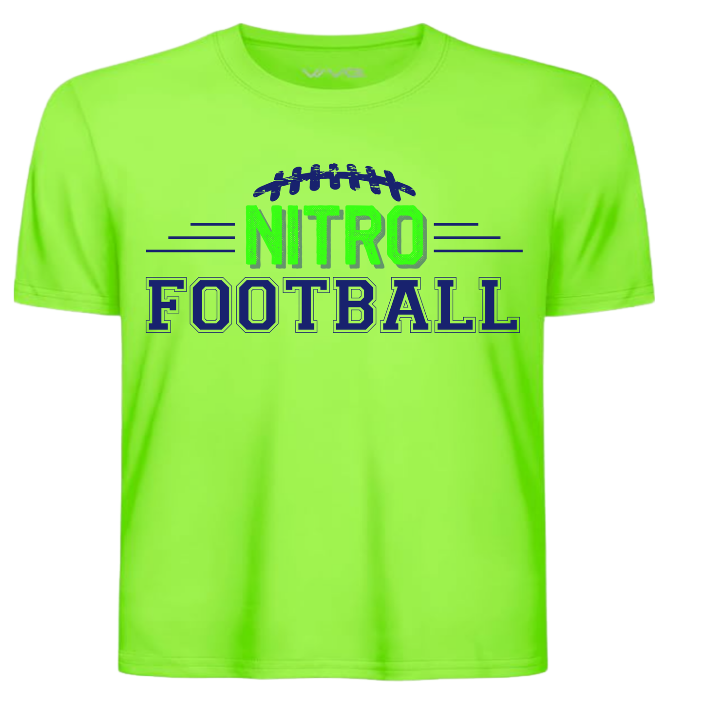 Neon green kids' performance tee with "Nitro Football" graphic, moisture-wicking and UPF 50 sun protection
