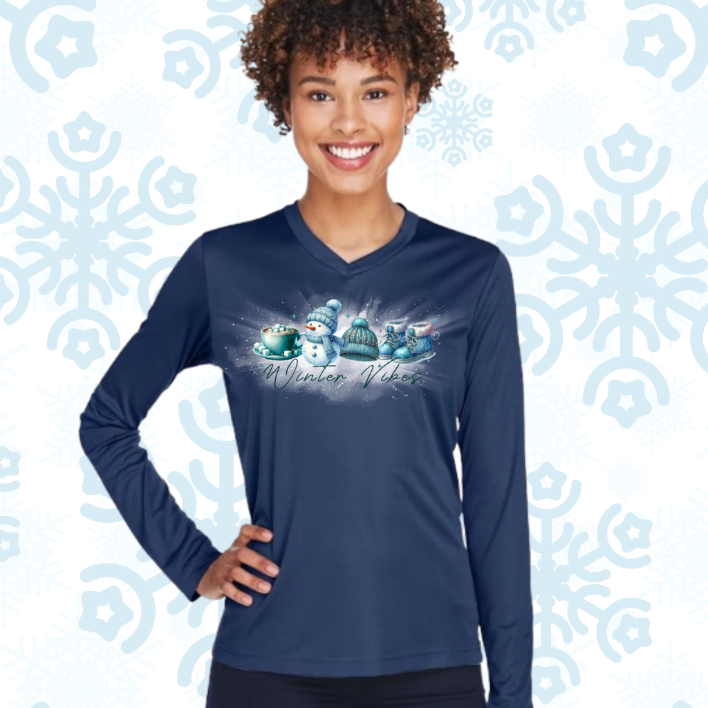 Winter Vibes V-neck shirt with snowman and snowflake design, 100% polyester, moisture-wicking fabric.