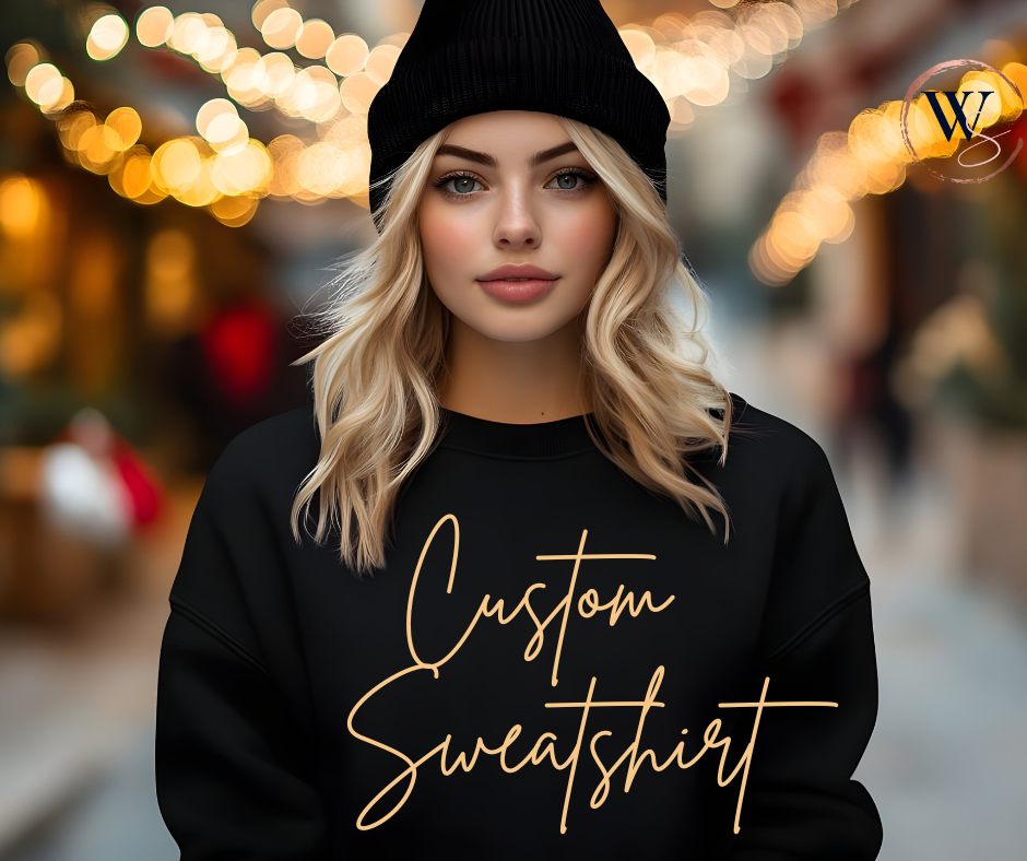 Custom soft sweatshirt personalized with golden text, worn by a person in a winter street setting.