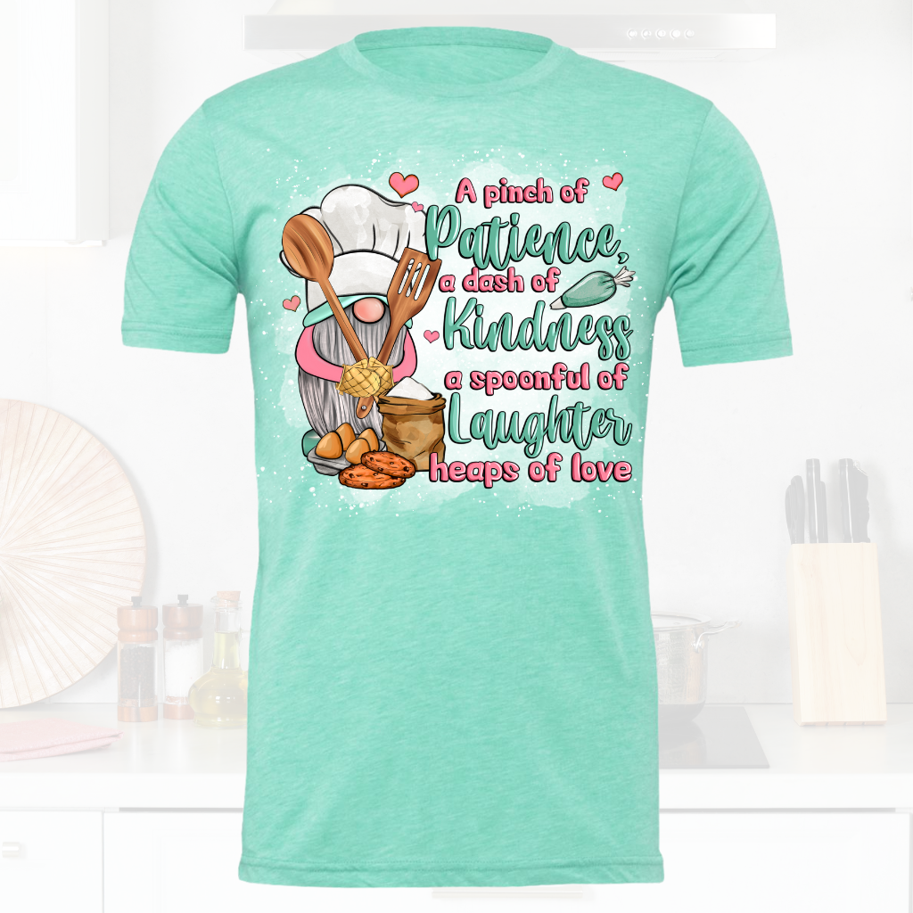 Kindness Cooking Gnome Shirt with whimsical design and inspirational text.