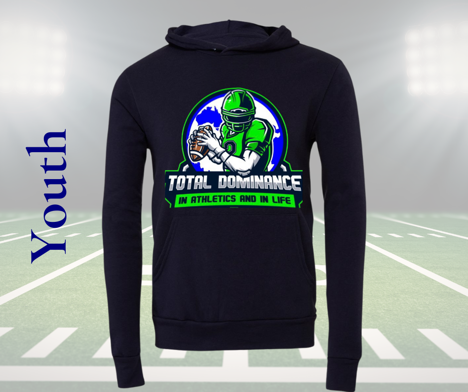Youth Nitro Football Hoodie in black with a green football player graphic and "Total Dominance in Athletics and in Life" text on front
