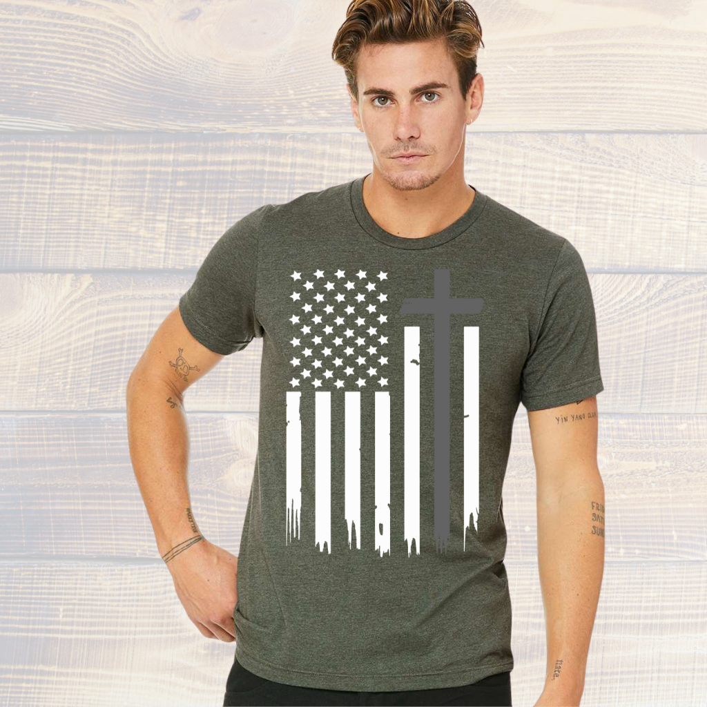 American Flag Cross Tee Shirt with flag and cross design.