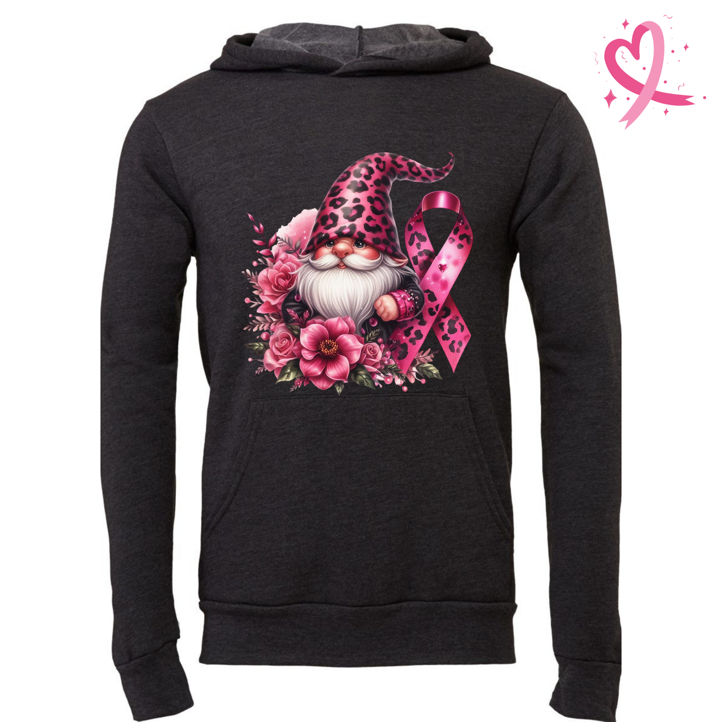 Gnome Breast Cancer Hoodie with pink ribbon and floral design.