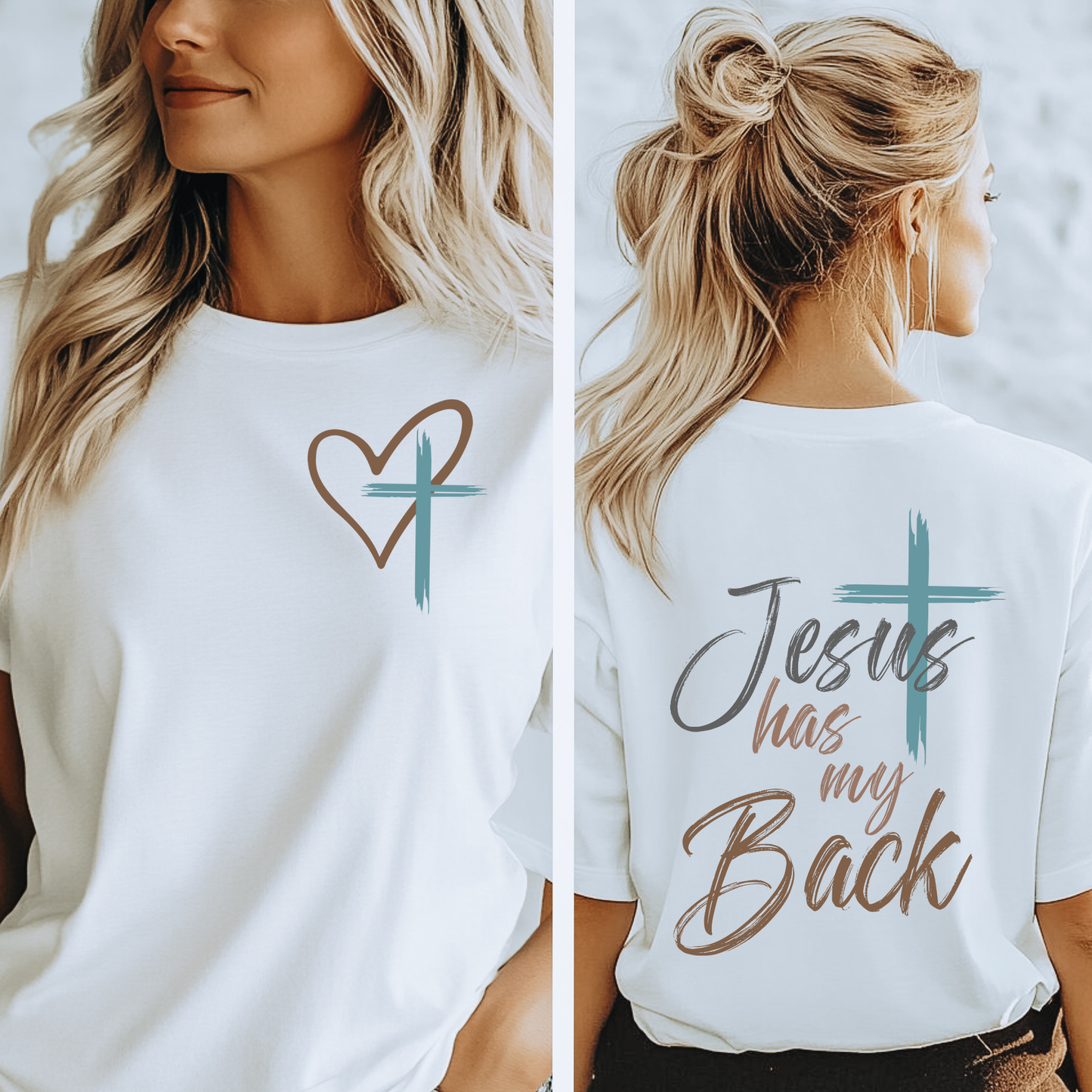 Unisex Christian t-shirt with front heart and cross design and bold "Jesus Has My Back" cross graphic on back