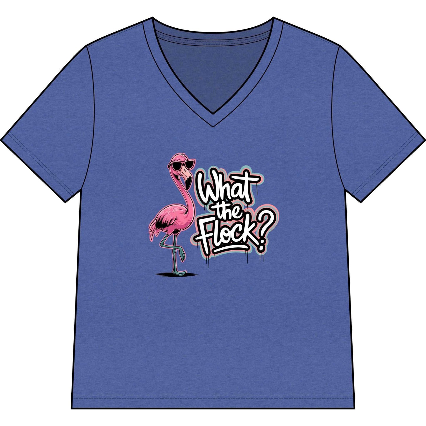 Woman wearing a "What the Flock?" flamingo V-neck tee with tropical and beach-themed graphics
