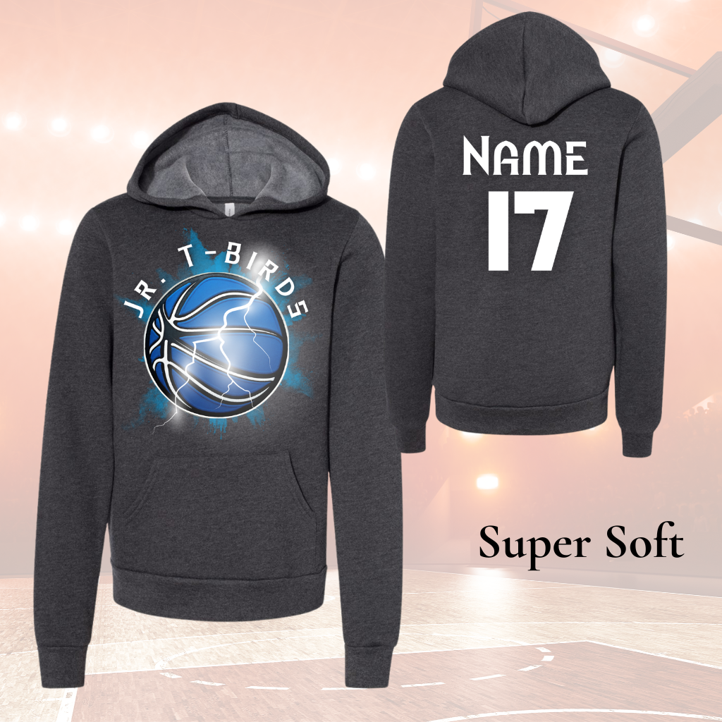 Jr Tbird Adult Hoodies with basketball logo, customizable option, super soft fabric, perfect for team spirit.