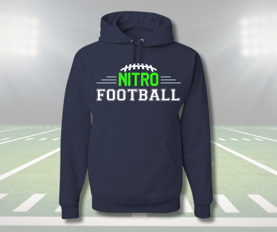 Youth unisex navy Nitro Hoodie with football graphic and customizable back on football field background