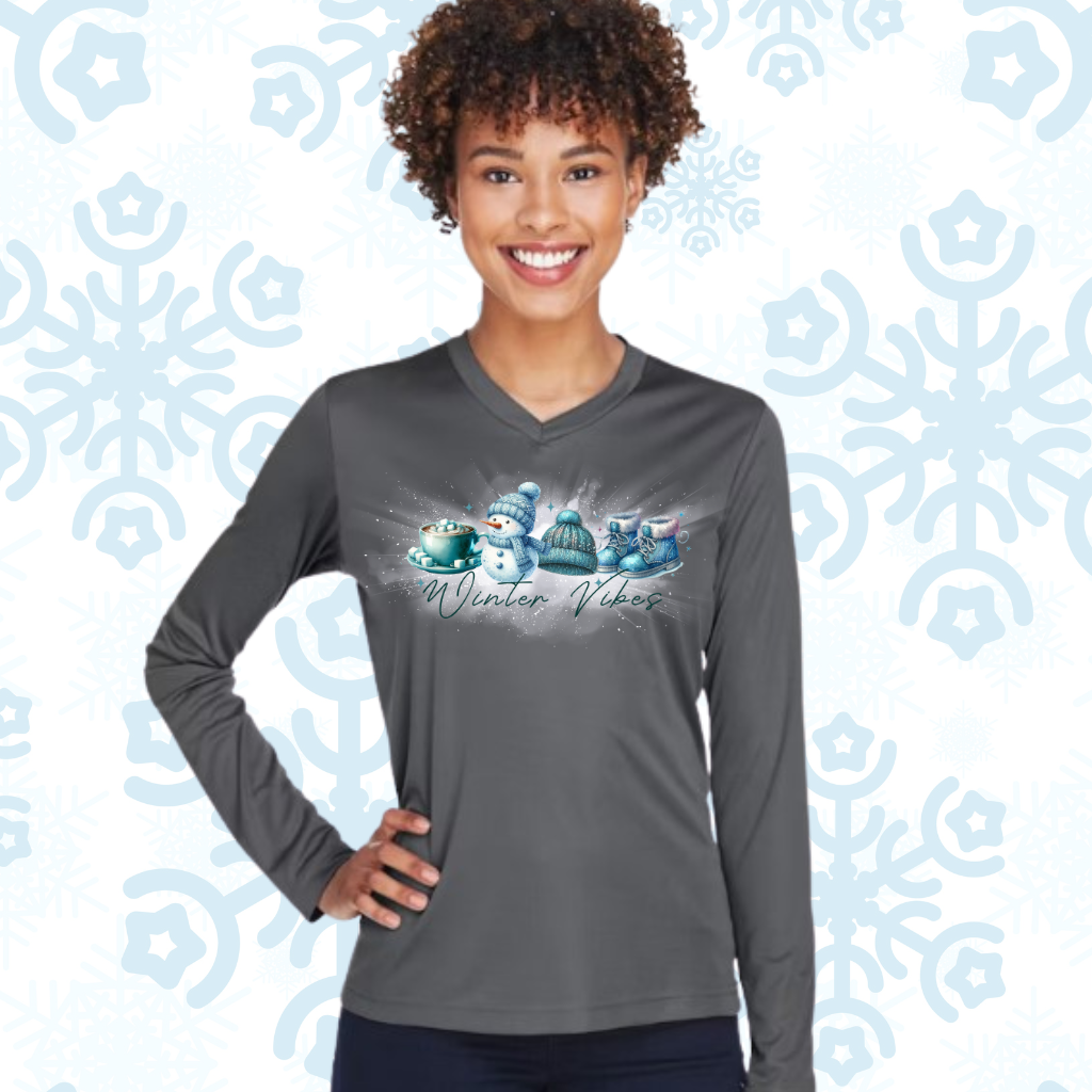 Winter Vibes V-neck shirt with snowman design, polyester, moisture-wicking fabric.