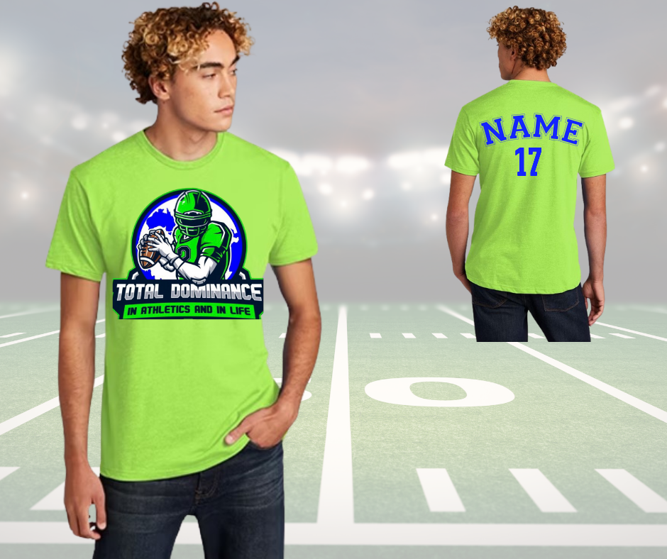 Youth wearing bright green Total Dominance customizable football shirt with quarterback graphic and personalized name and number on back.