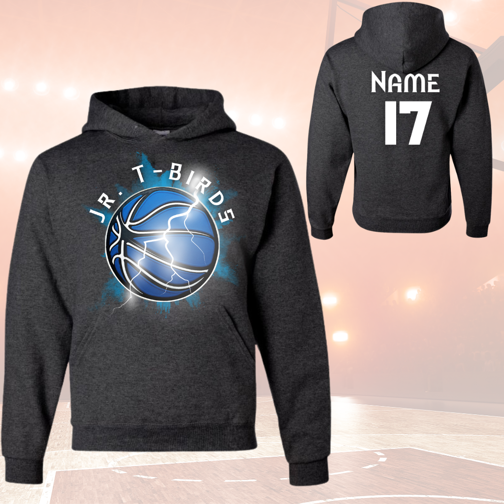 JR TBird Adult Hoodie with pouch pocket and customizable name and number design.