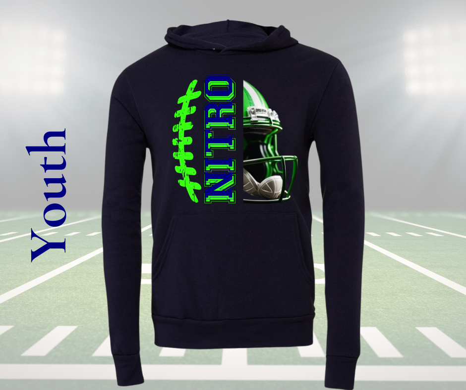 Youth Nitro Football Hoodie with green football laces graphic and helmet design on black background
