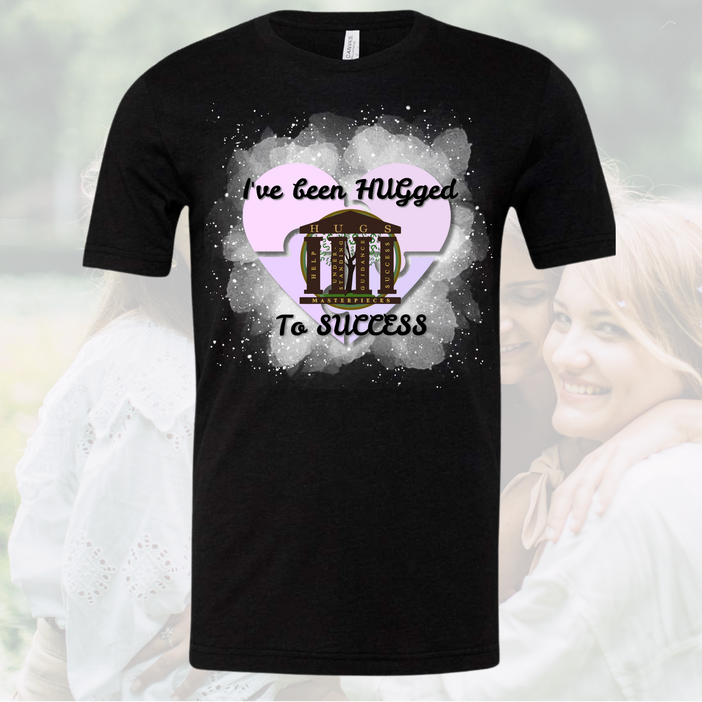 I've Been Hugged to Success black crew neck tee with motivational design and purple heart graphic