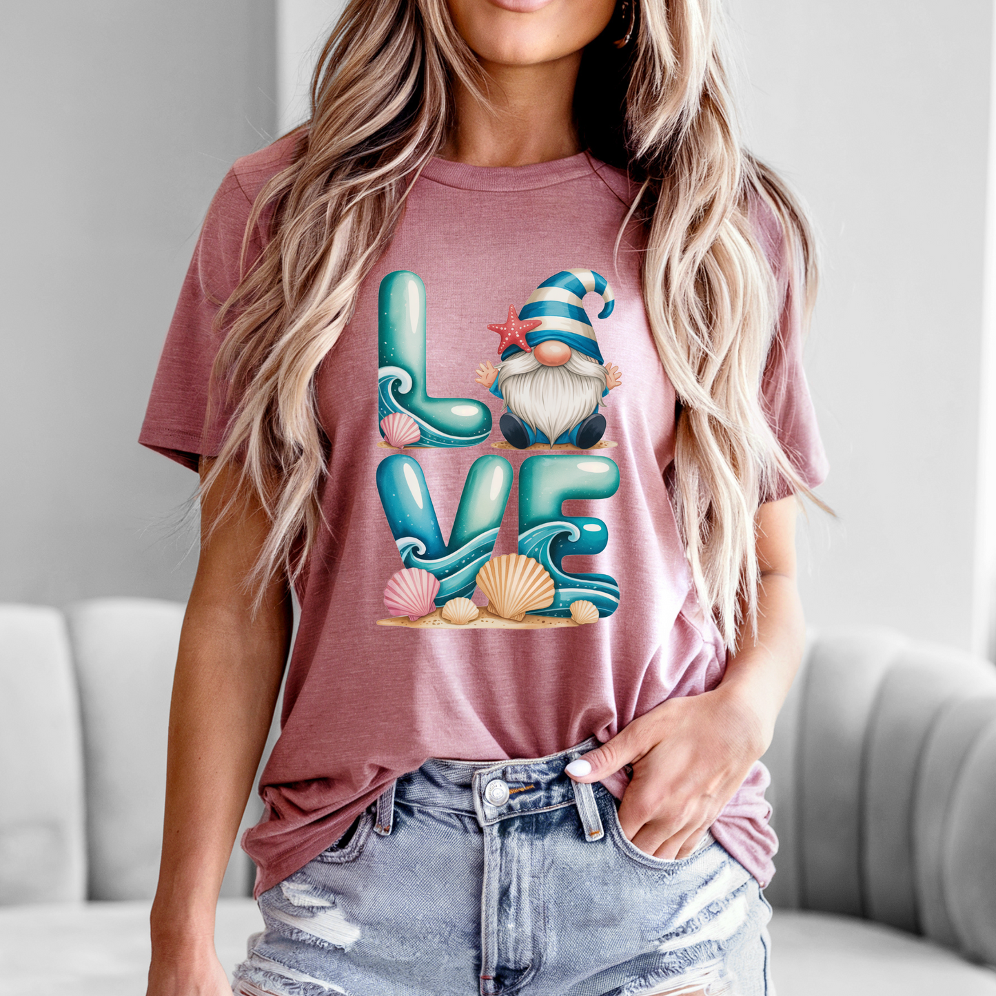 Love Beach Gnome Tee featuring whimsical design with a cozy, oversized fit.