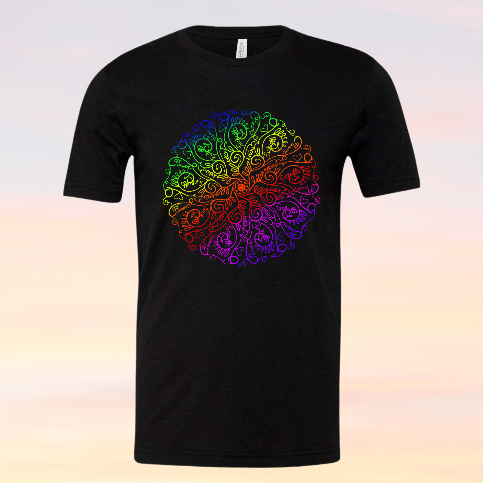 Mature Zetangle Shirt with colorful mandala design on black fabric.