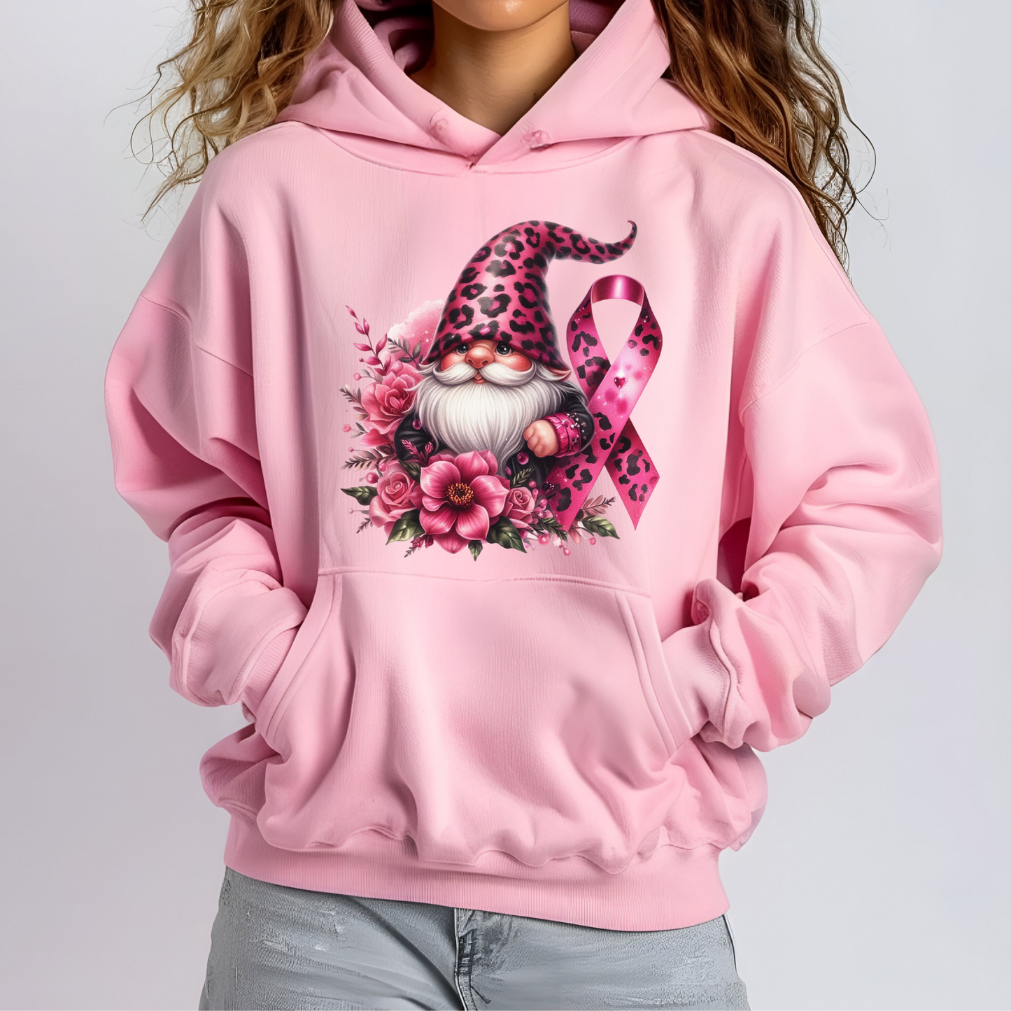 Gnome Breast Cancer Hoodie with gnome design and pink ribbon.