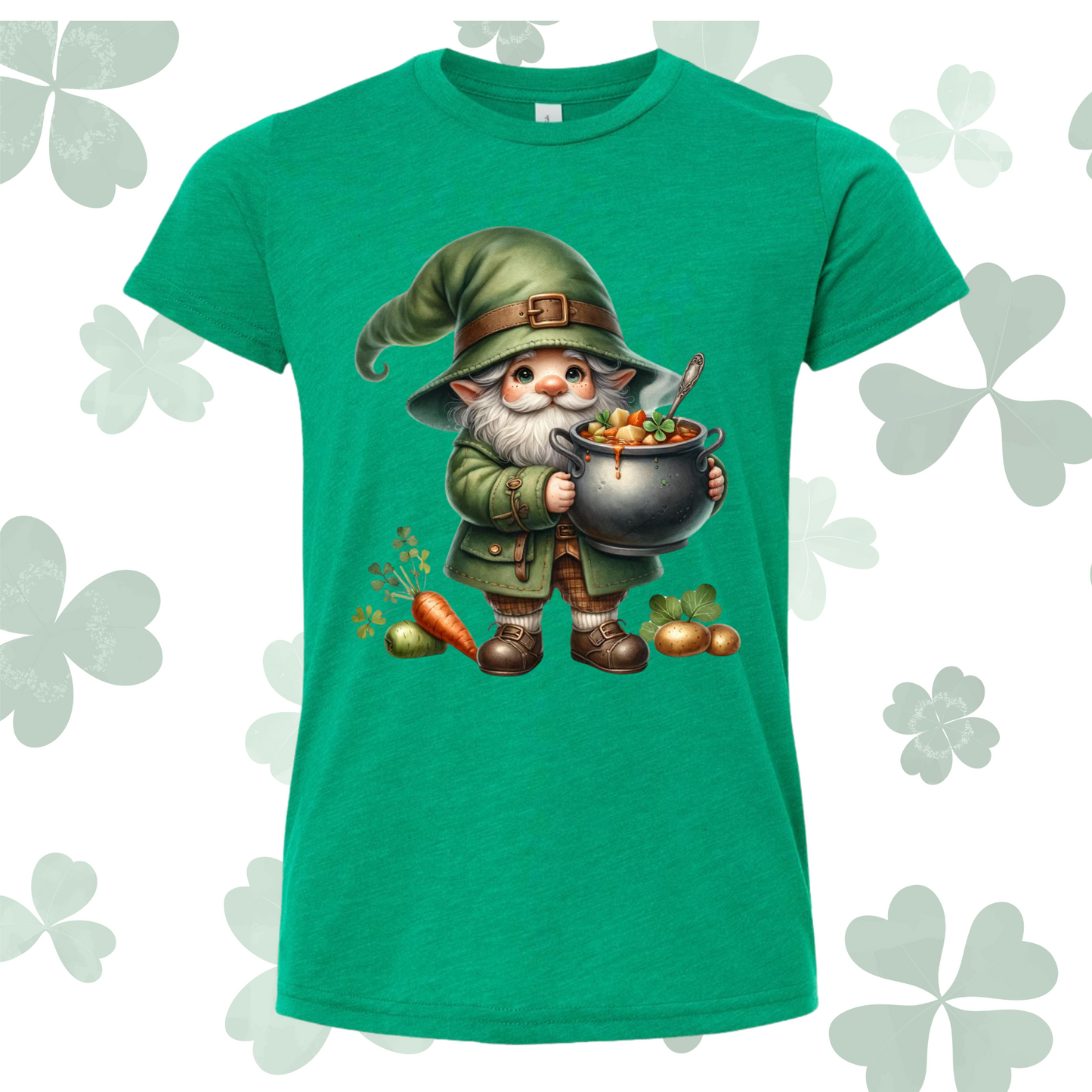 Youth St. Patrick's Day shirt with a gnome holding a pot, vibrant festive design.