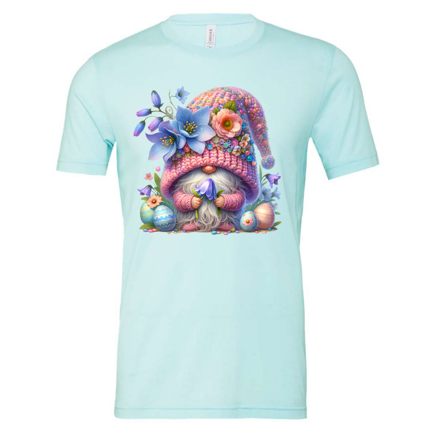 Easter Gnome Shirt with festive gnome and Easter eggs design on a pastel blue crew neck.