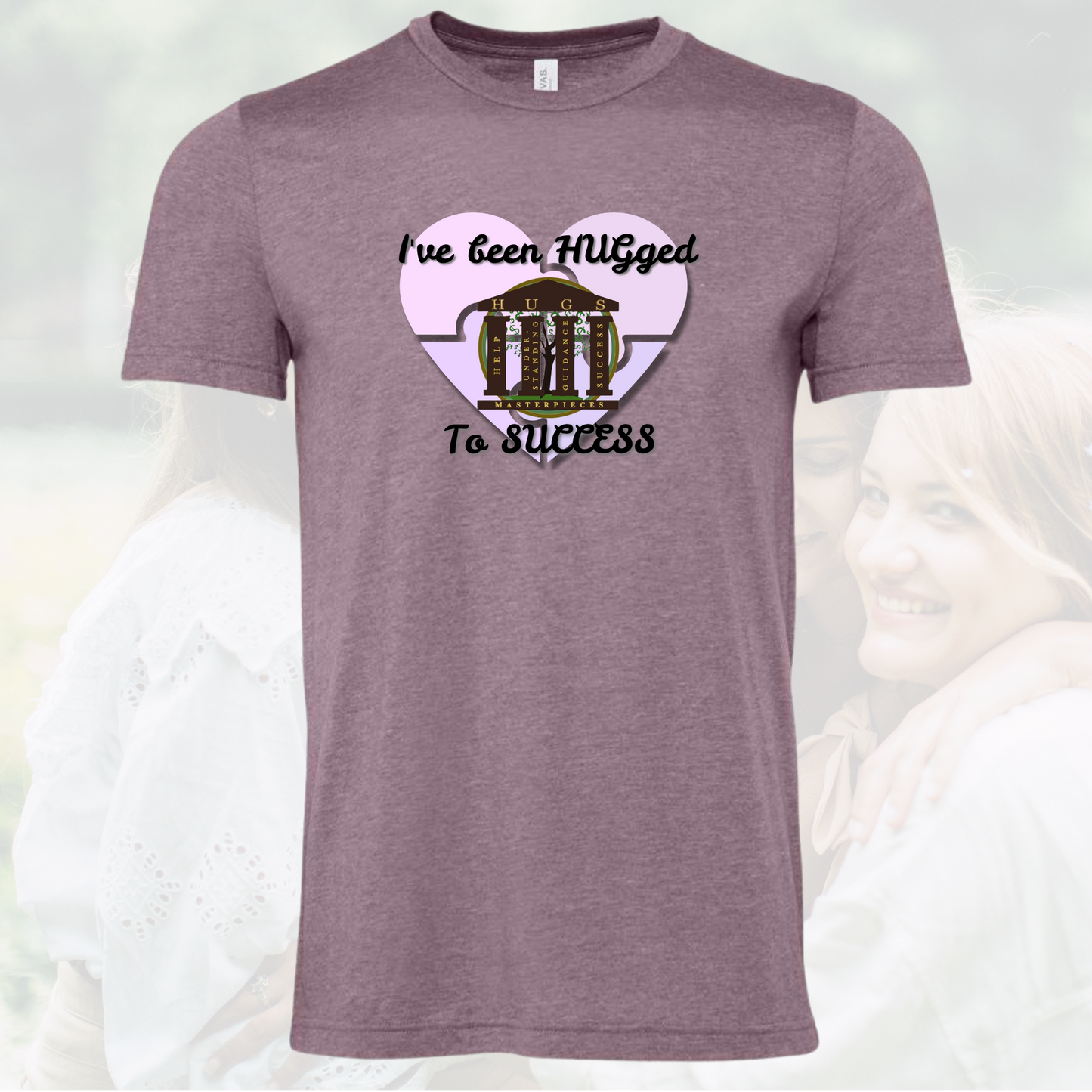 I've Been Hugged to Success crew neck unisex tee with heart and mug design in purple