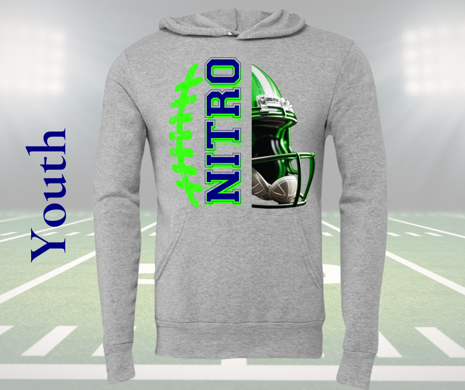 Grey youth football hoodie with green and blue "NITRO" text and football helmet graphic