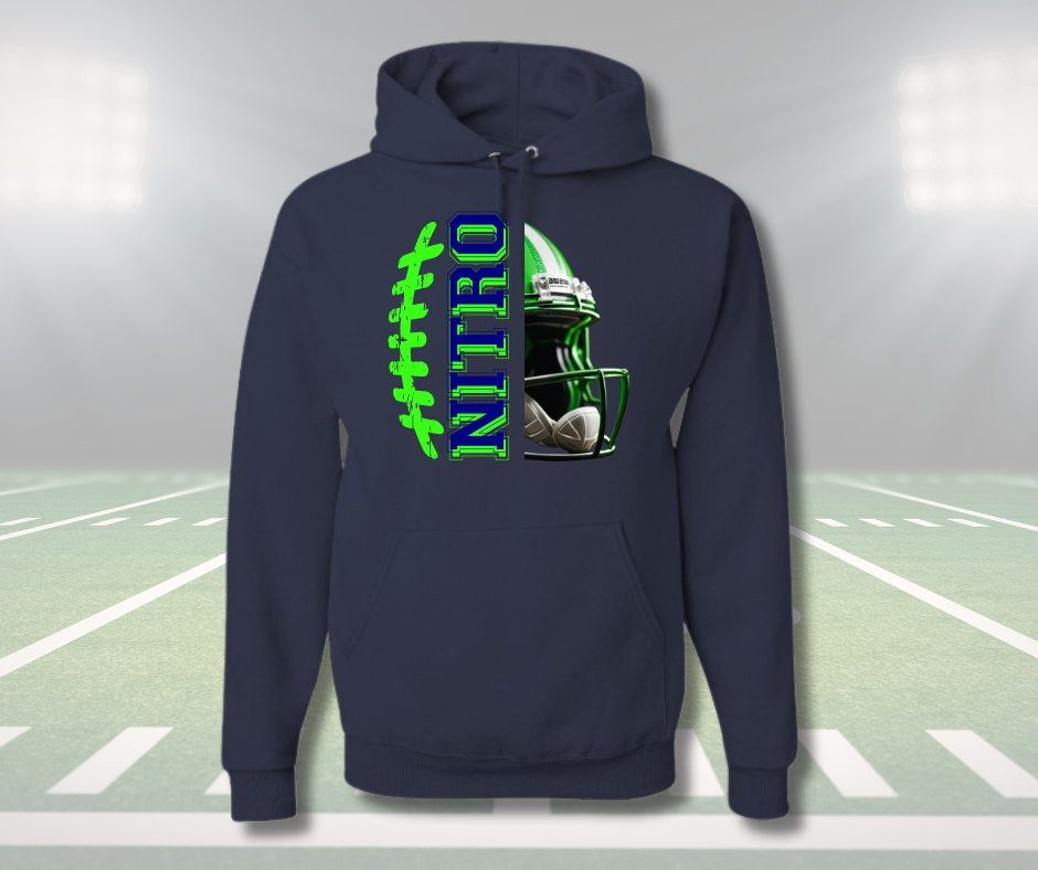 Youth navy Nitro Hoodie with green and blue football graphic and helmet design, lightweight and customizable for game day.