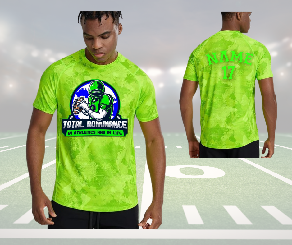 Youth football Total Dominance customizable neon green shirt with player graphic and personalized name and number on back