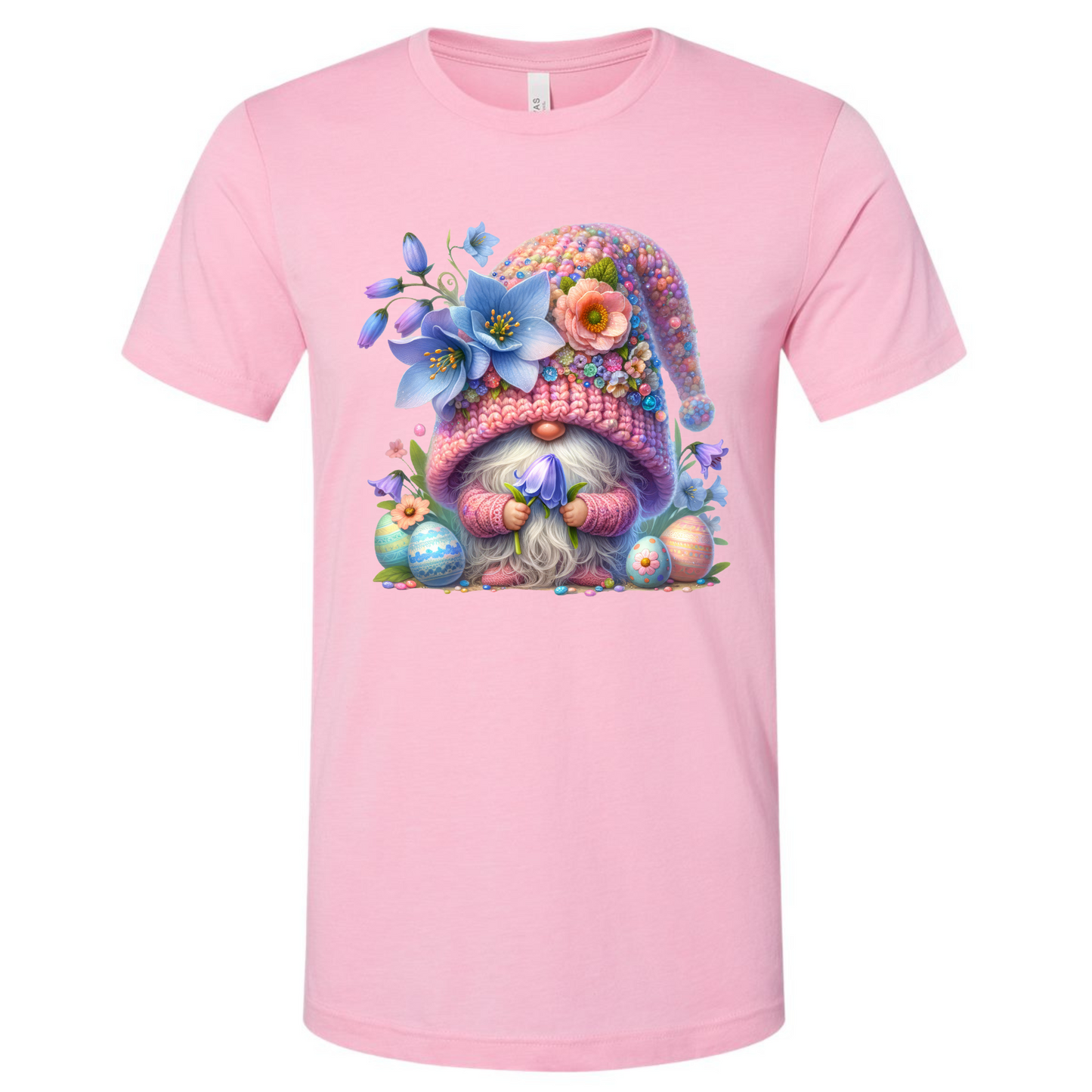 Pastel pink Easter Gnome Shirt with colorful gnome and Easter eggs design.