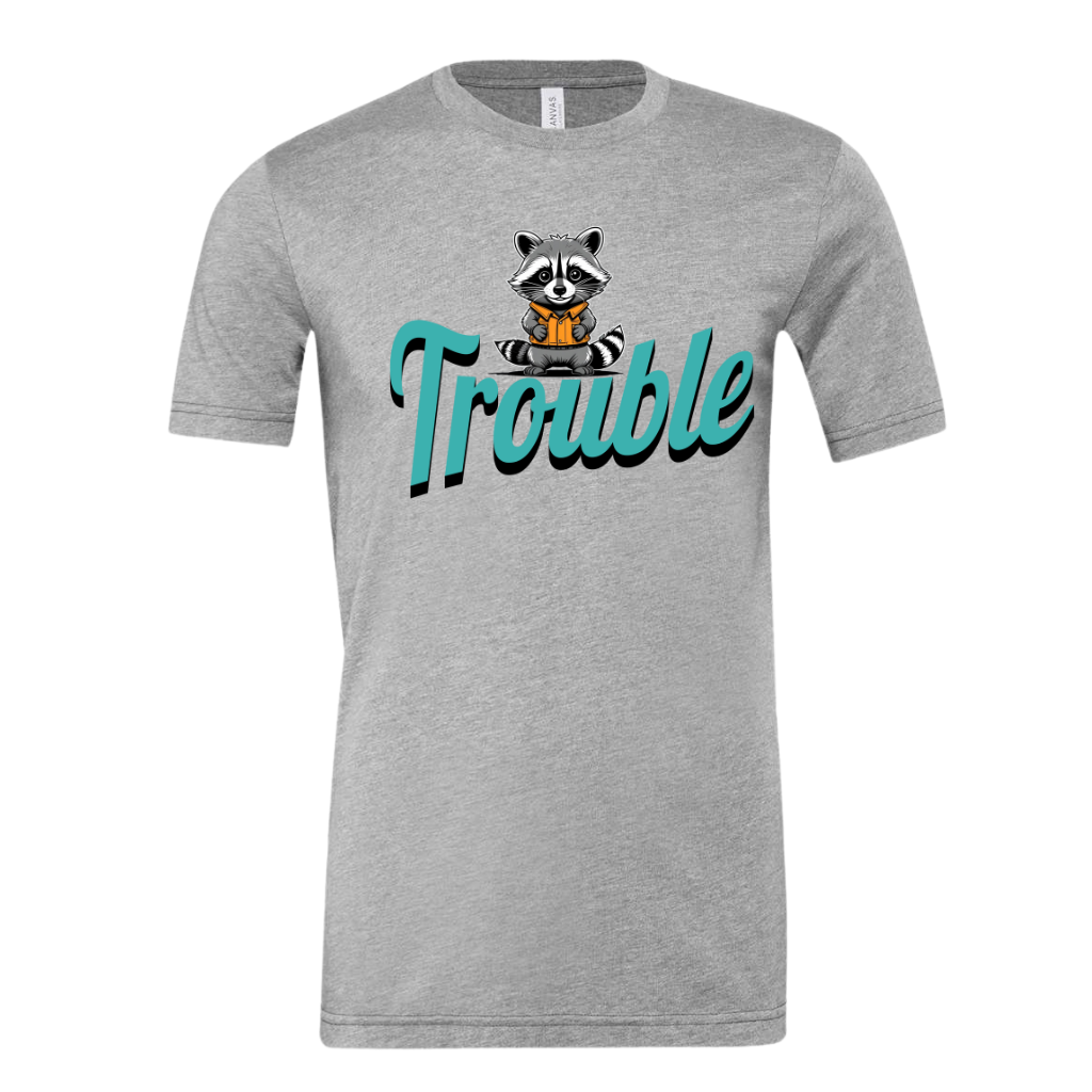 Unisex Trouble Follows Me shirt with raccoon graphic on gray fabric.