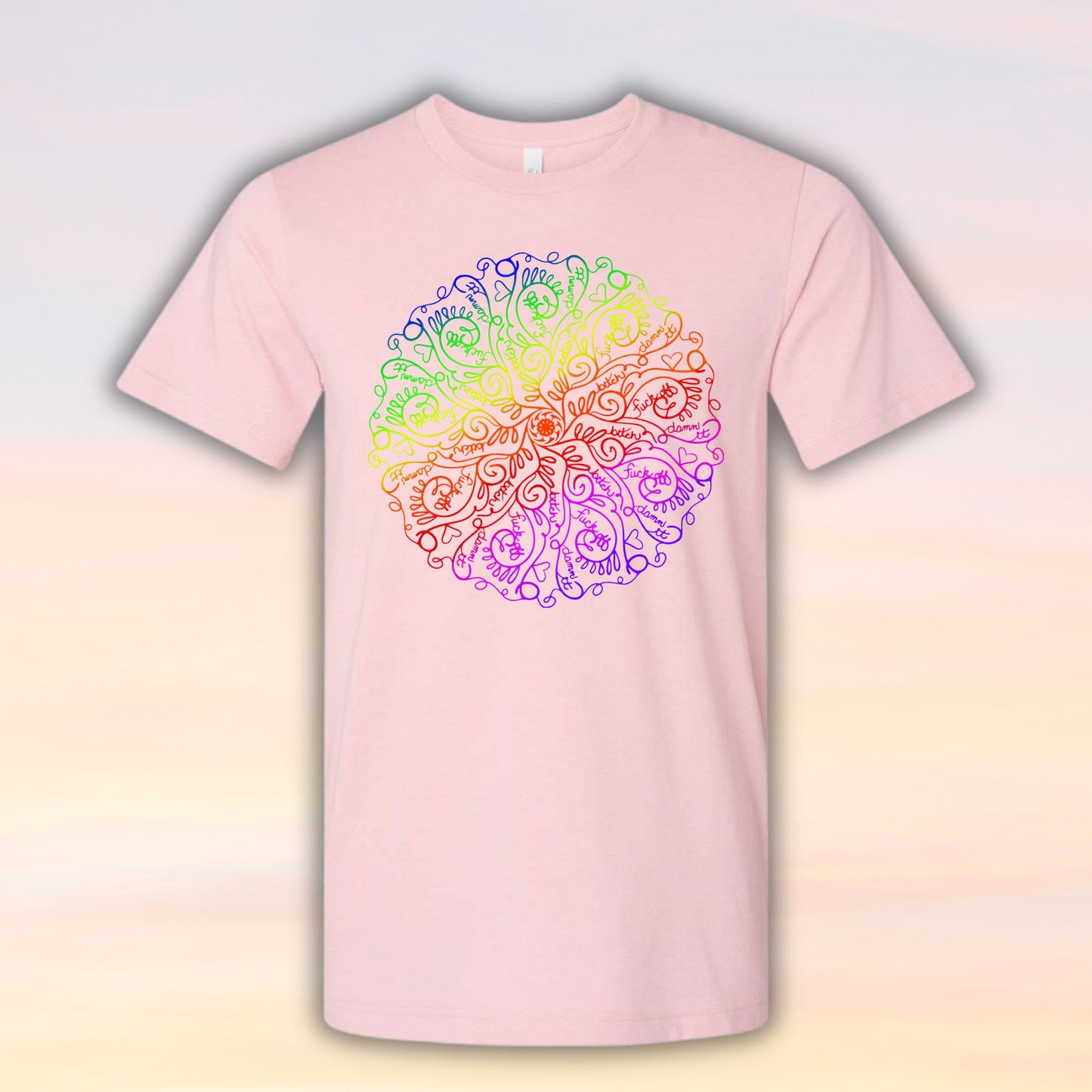Mature Zetangle Shirt with colorful mandala design on a pink unisex tee.
