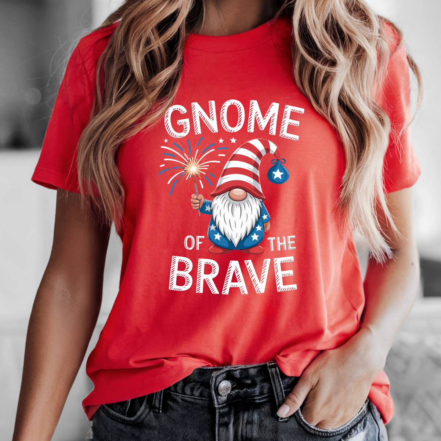 Gnome of the Brave Tee with patriotic gnome design for 4th of July celebrations.