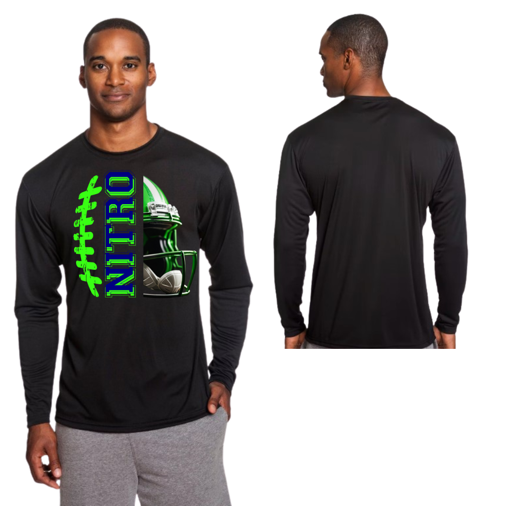 Men's Long Sleeve Nitro Football T-shirt in black with green football graphics and moisture-wicking fabric.