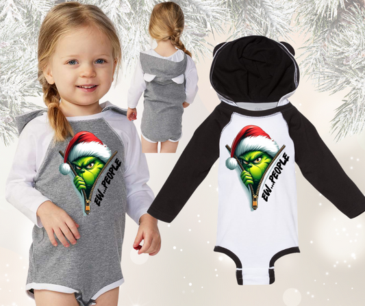 Grinch Eww People bodysuit with ears for babies, festive holiday apparel.