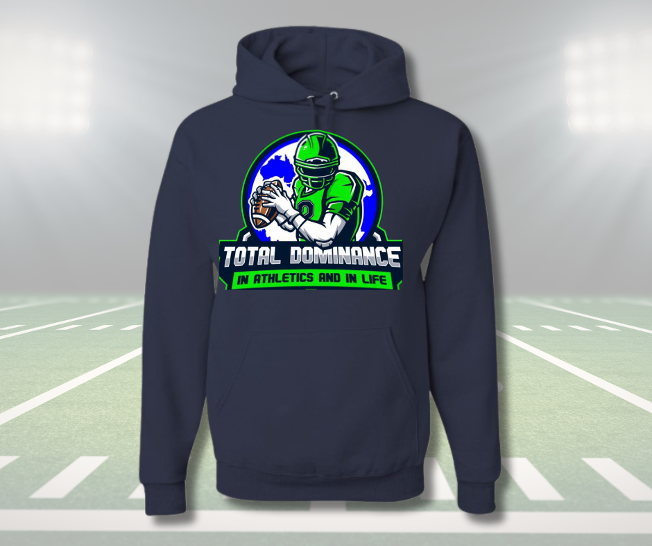 Youth navy Nitro Hoodie with football player graphic and "Total Dominance in Athletics and in Life" text on front