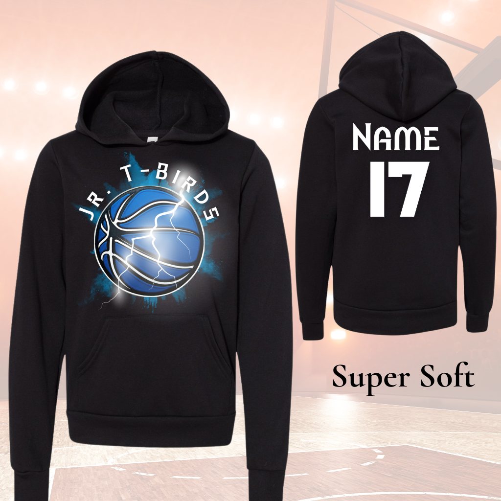 Jr Tbird Adult Hoodies featuring a basketball design, perfect for team spirit and warmth.