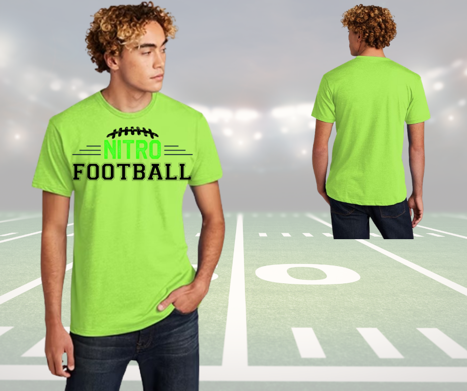 Adult unisex bright green Nitro Shirt with football graphic on front, shown from front and back on model