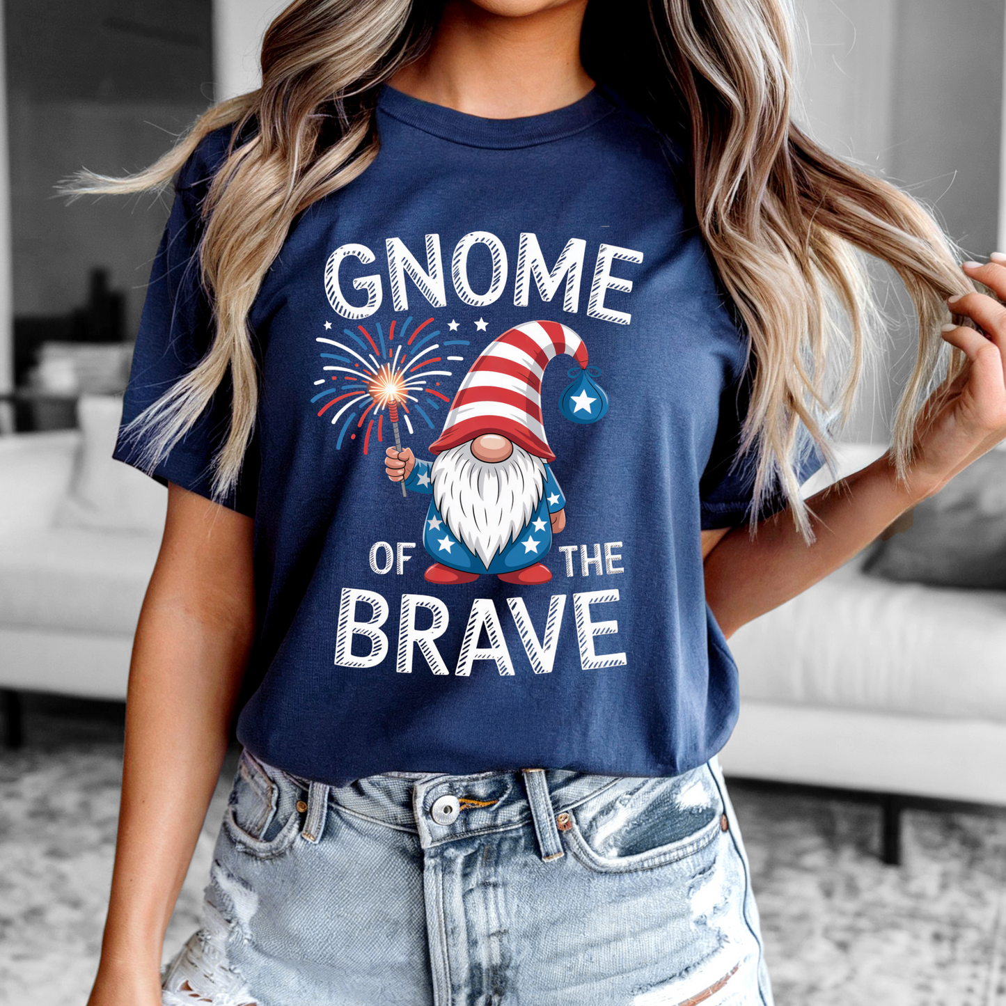 Gnome of the Brave Tee featuring a festive gnome design for 4th of July celebrations.